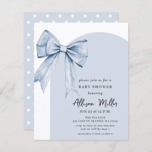 Budget Blue Bow Coquette Boy Baby Shower Invite (Voorkant / Achterkant)
