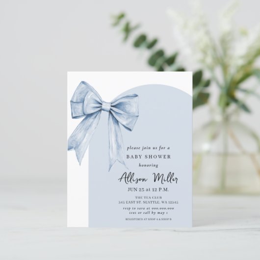 Budget Blue Bow Coquette Boy Baby Shower Invite (Staand voorkant)