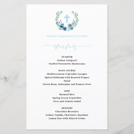 Budget Blue Boy Bloemenkrans Doop Menu (Voorkant)