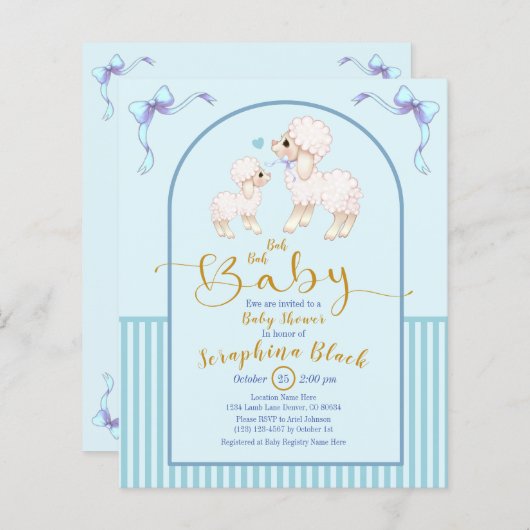 BUDGET Blue Boy Lamb Baby shower nodiging (Voorkant / Achterkant)