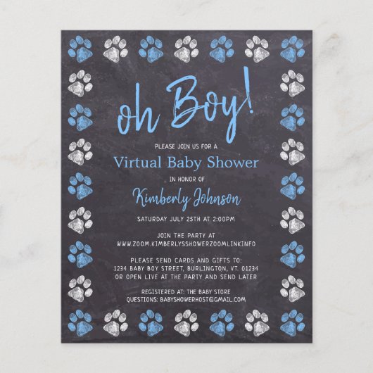 Budget Blue Boy Paw Print Virtual Baby shower (Voorkant)