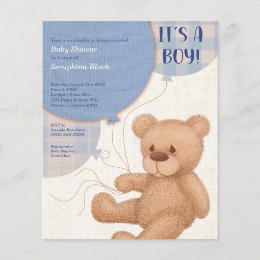 BUDGET Blue Boys Teddy Bear Baby shower nodigt uit (Voorkant)