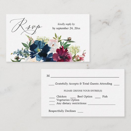 Budget Blue, Burgundy & White Floral 2SM Meal RSVP Informatiekaartje (Voorkant / Achterkant)