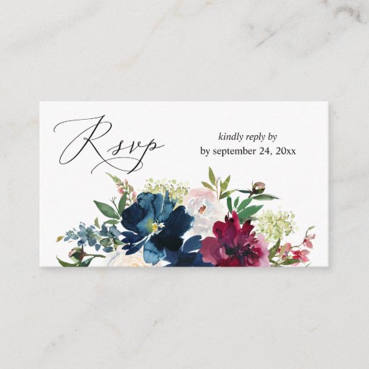 Budget Blue, Burgundy & White Floral 2SM Meal RSVP Informatiekaartje (Voorkant)