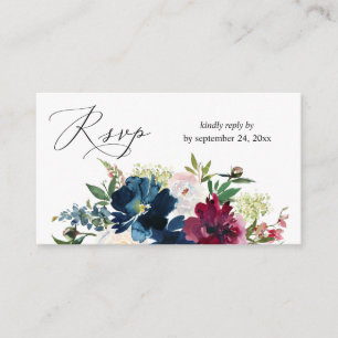 Budget Blue, Burgundy & White Floral 2SM Meal RSVP Informatiekaartje