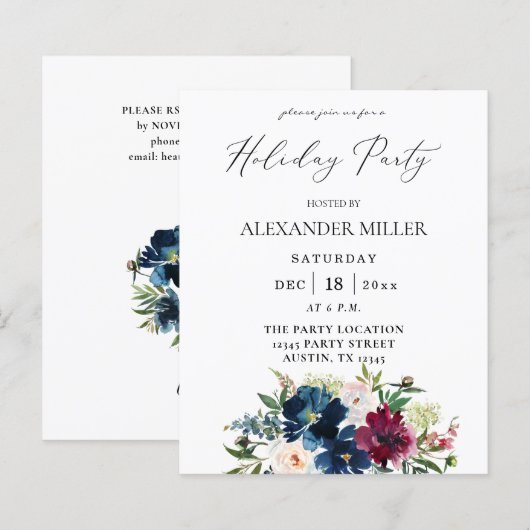 Budget Blue, Burgundy & White Floral Holiday Party (Voorkant / Achterkant)