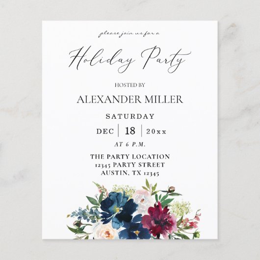 Budget Blue, Burgundy & White Floral Holiday Party Flyer (Voorkant)