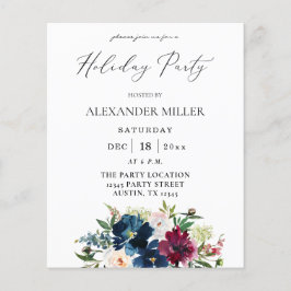 Budget Blue, Burgundy & White Floral Holiday Party Flyer