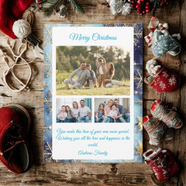 Budget Blue Christmas Plaid  3 Photo Holiday Card Feestdagenkaart