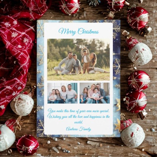 Budget Blue Christmas Plaid 3 Photo Holiday Card Feestdagenkaart