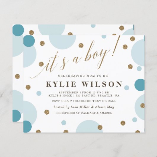 Budget Blue Confetti Boy Baby shower Uitnodiging (Voorkant / Achterkant)