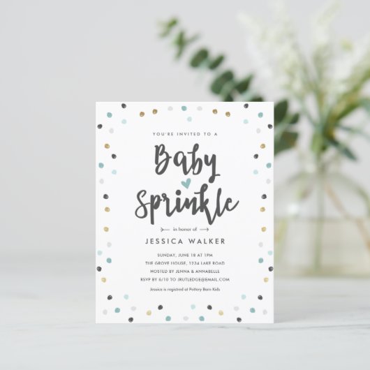 Budget Blue Confetti Type Baby Sprinkle Uitnodigin (Staand voorkant)