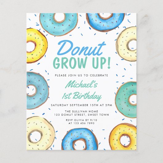 Budget Blue Donut 1st Birthday Invitation (Voorkant)