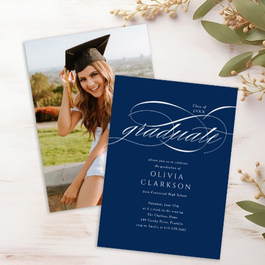Budget Blue Elegant Script Foto Afstudeerfeest Kaart