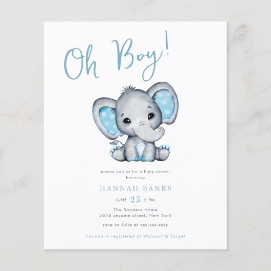 Budget Blue Elephant Baby Jongen Douche Uitnodigin Flyer (Voorkant)