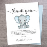 Budget Blue Elephant Baby shower Hartelijk dank<br><div class="desc">Schattigee budgetvriendelijke bedankkaart met "dankjewel" in een stijlvol zacht grijs script met moerassen en een blauw waterverf baby olifant. Hieronder kunt u uw bedankbericht gemakkelijk personaliseren in een eenvoudige grijze topografie of leeg laten voor een handgeschreven notitie. Dit budget halfglanspapier is vergelijkbaar in gewicht met fotopapier. Er is ook een...</div>