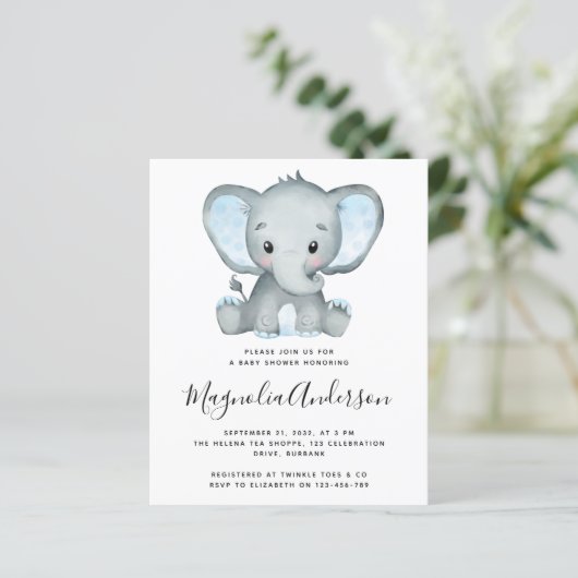 BUDGET Blue Elephant Baby shower Invitation (Staand voorkant)