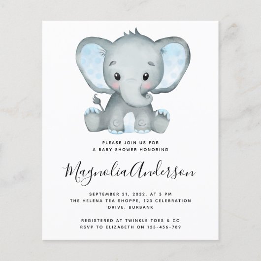 BUDGET Blue Elephant Baby shower Invitation (Voorkant)
