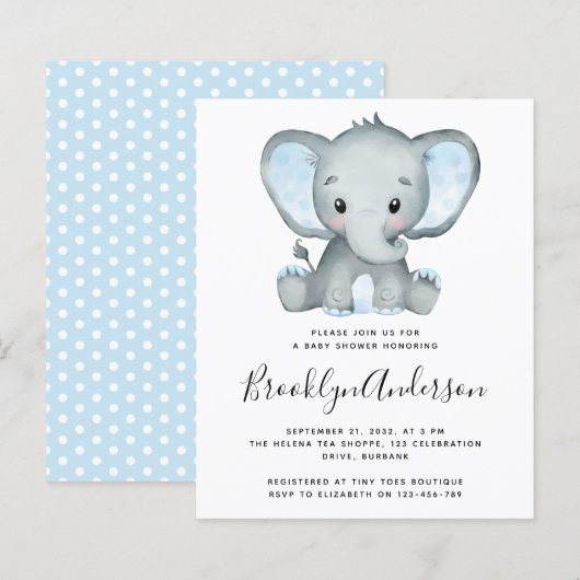 BUDGET Blue Elephant Baby shower Invitation (Voorkant / Achterkant)