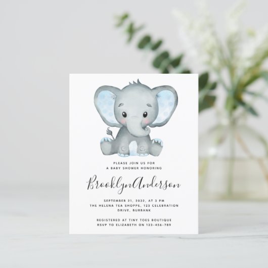 BUDGET Blue Elephant Baby shower Invitation (Staand voorkant)