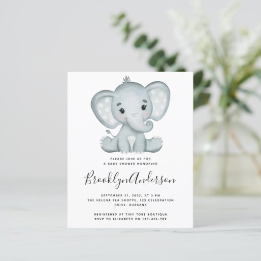 BUDGET Blue Elephant Baby shower Invitation (Staand voorkant)