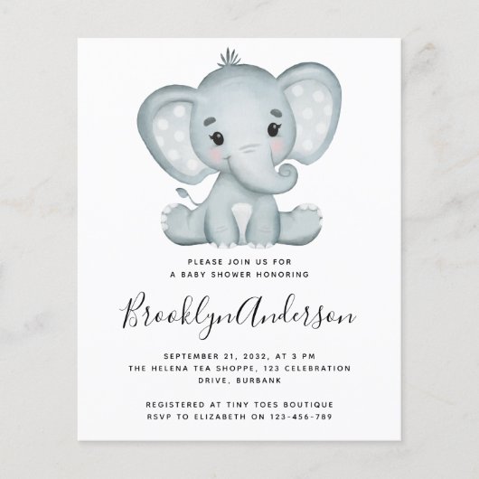 BUDGET Blue Elephant Baby shower Invitation (Voorkant)