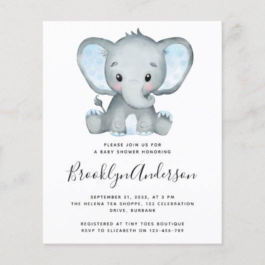 BUDGET Blue Elephant Baby shower Invitation (Voorkant)