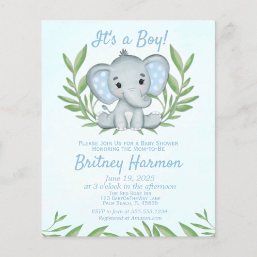 Budget Blue Elephant Boy Baby shower Invitation Flyer (Voorkant)