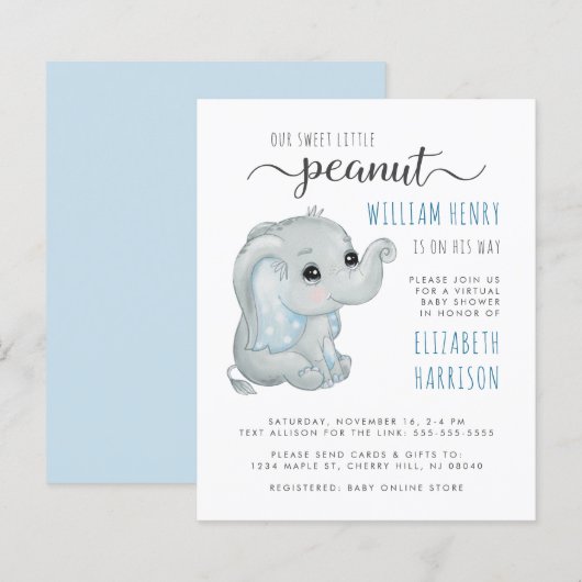 Budget Blue Elephant Virtual Baby Boy Shower (Voorkant / Achterkant)