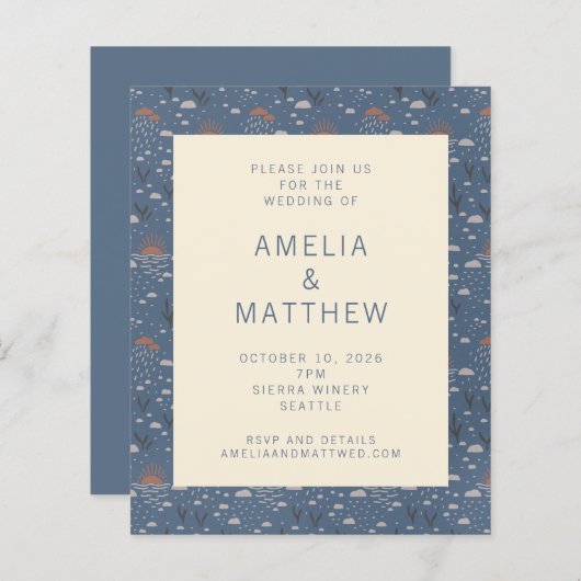 Budget Blue en Rust Boho Natuur Wedding Invite (Voorkant / Achterkant)