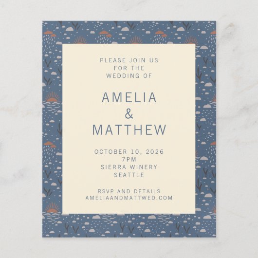 Budget Blue en Rust Boho Natuur Wedding Invite (Voorkant)