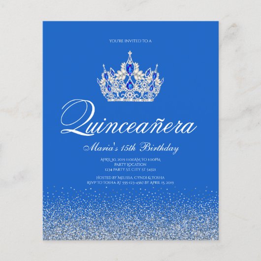 Budget Blue en Silver Quinceanera Uitnodigingen (Voorkant)
