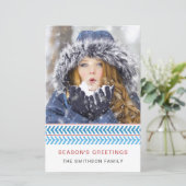 Budget Blue en White Stitches Photo Holiday Card (Staand voorkant)