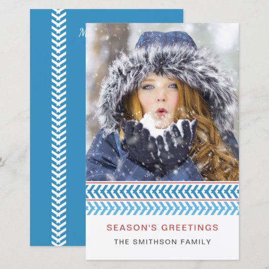 Budget Blue en White Stitches Photo Holiday Card (Voorkant / Achterkant)