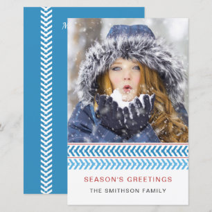 Budget Blue en White Stitches Photo Holiday Card