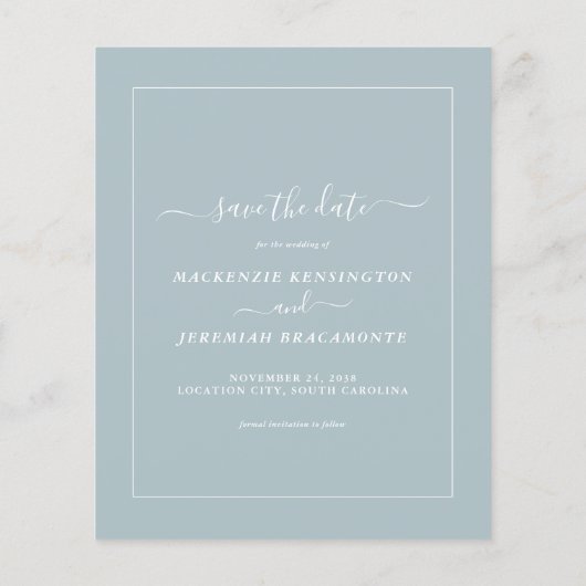 BUDGET Blue Eucalyptus Weduwfoto Save the Date Flyer (Achterkant)