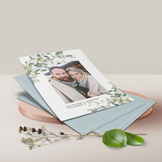 BUDGET Blue Eucalyptus Weduwfoto Save the Date Flyer