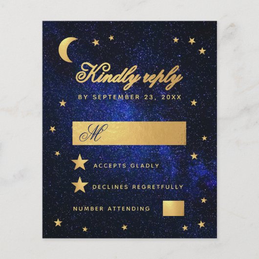 Budget Blue Faux Gold Stars Celestial Wedding RSVP (Voorkant)
