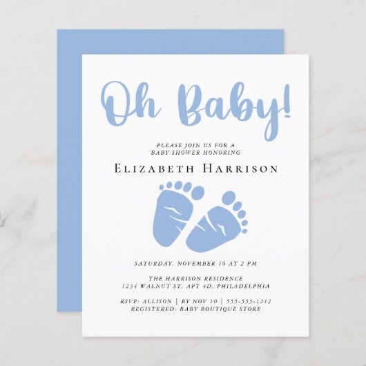Budget Blue Feet Boy Baby shower Uitnodiging (Voorkant / Achterkant)