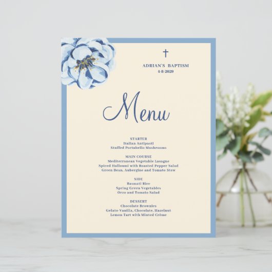 Budget Blue Floral Baby Boy Baptism Menu (Staand voorkant)