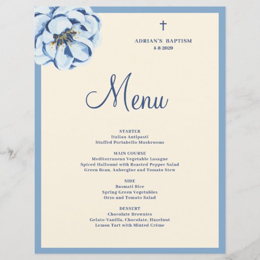 Budget Blue Floral Baby Boy Baptism Menu (Voorkant)