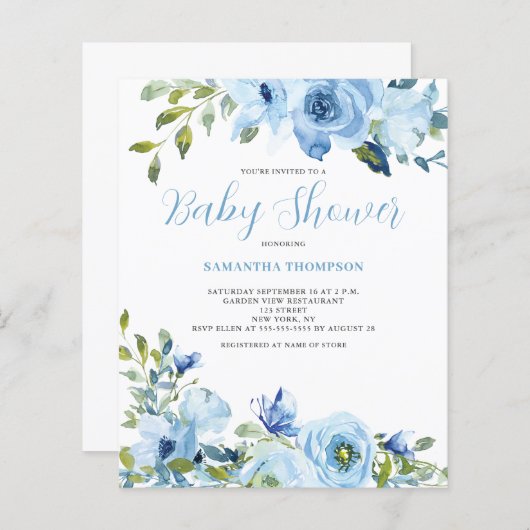 Budget Blue Floral Baby shower Invitation (Voorkant / Achterkant)