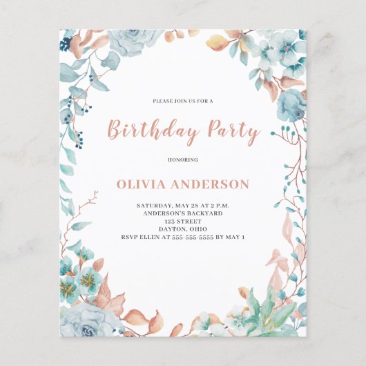 Budget Blue Floral Birthday Uitnodiging Flyer (Voorkant)