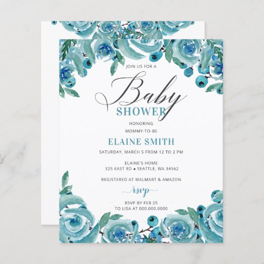 Budget Blue Floral Boy Baby shower Invitation (Voorkant / Achterkant)