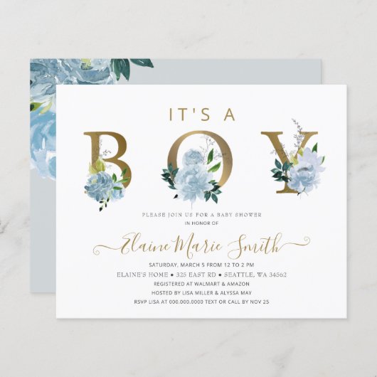 Budget Blue Floral Boy Baby shower Invitation (Voorkant / Achterkant)