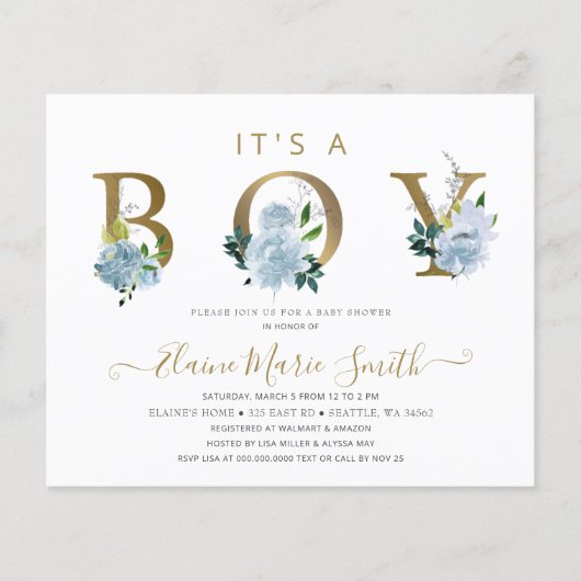 Budget Blue Floral Boy Baby shower Invitation (Voorkant)