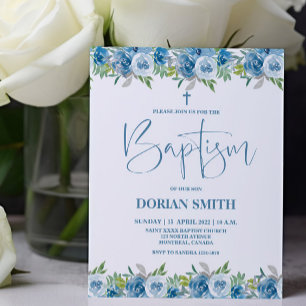 Budget Blue Floral Boy Baptism-uitnodiging