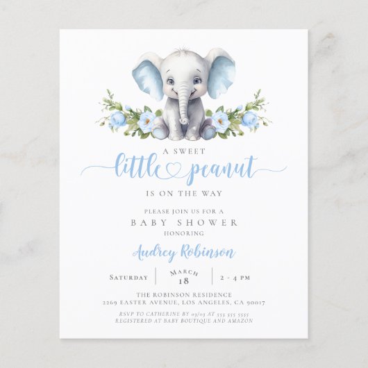 Budget Blue Floral Elephant Baby shower Uitnodigin (Voorkant)