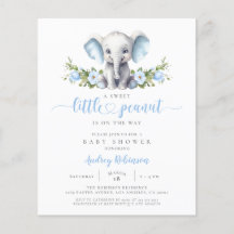 Budget Blue Floral Elephant Baby shower Uitnodigin