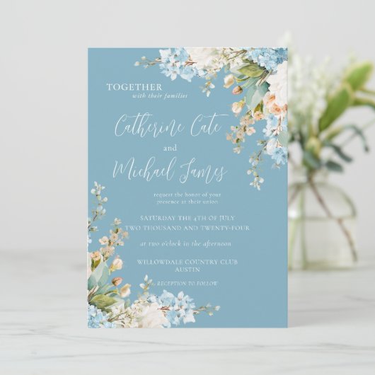 Budget Blue Floral Hydrangea Elegant Wedding Kaart (Staand voorkant)